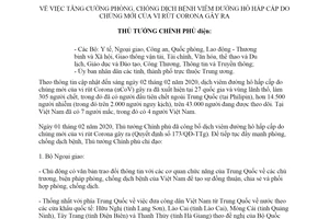 Công điện 156/CĐ-TTg 2020 phòng chống dịch bệnh viêm đường hô hấp cấp chủng mới vi rút Corona