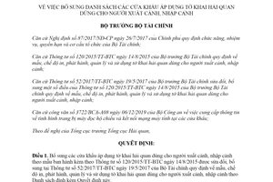 Quyết định 184/QĐ-BTC 2020 cửa khẩu áp dụng tờ khai hải quan dùng cho người xuất cảnh nhập cảnh