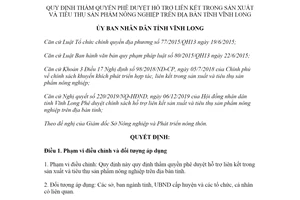 Quyết định 08/2020/QĐ-UBND hỗ trợ liên kết trong sản xuất sản phẩm nông nghiệp Vĩnh Long