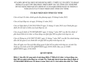 Quyết định 06/2020/QĐ-UBND sửa đổi Điều lệ tổ chức của Quỹ Hỗ trợ phát triển Hợp tác xã Tây Ninh