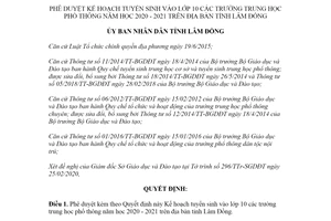 Quyết định 471/QĐ-UBND 2020 Kế hoạch tuyển sinh vào lớp 10 trường trung học phổ thông Lâm Đồng