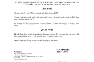 Nghị quyết 33/NQ-CP 2020 tạm dừng chính sách miễn thị thực đối với công dân nước Nhật Bản Nga