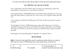 Quyết định 98/QĐ-QLD 2020 thu hồi tiếp nhận Phiếu công bố sản phẩm mỹ phẩm