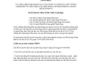 Công điện 03/CĐ-NHNN 2020 thực hiện Chỉ thị 16/CT-TTg biện pháp phòng chống dịch Covid-19