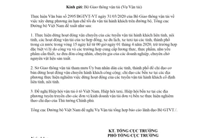 Công văn 1921/TCĐBVN-VT 2020 dừng toàn bộ hoạt động vận tải hành khách đường bộ bằng xe ô tô