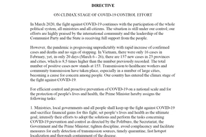 Directive 15/CT-TTg 2020 climax stage of Covid-19 control effort