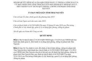 Quyết định 07/2020/QĐ-UBND bãi bỏ Quyết định 16/2014/QĐ-UBND tỉnh Thái Nguyên