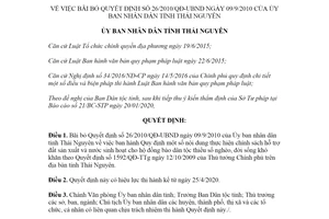Quyết định 08/2020/QĐ-UBND bãi bỏ Quyết định 26/2010/QĐ-UBND tỉnh Thái Nguyên
