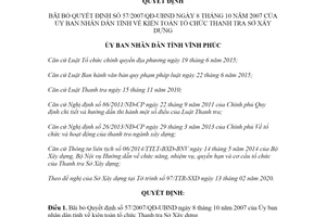 Quyết định 15/2020/QĐ-UBND bãi bỏ Quyết định kiện toàn tổ chức Thanh tra Sở Xây dựng Vĩnh Phúc