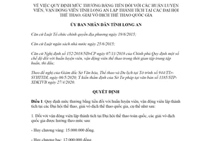 Quyết định 18/2020/QĐ-UBND mức thưởng bằng tiền đối với huấn luyện viên lập thành tích Long An