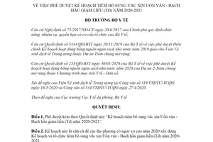 Quyết định 2155/QĐ-BYT 2020 Kế hoạch tiêm bổ sung vắc xin Uốn ván Bạch hầu giảm liều