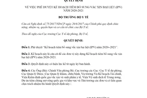 Quyết định 2126/QĐ-BYT 2020 phê duyệt Kế hoạch tiêm bổ sung vắc xin bại liệt IPV 2020 2021