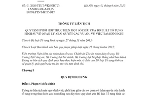 Thông tư liên tịch 01/2020/TTLT-VKSNDTC-TANDTC-BCA-BQP-BNN&PTNT-BTC-BTP quản lý vụ án