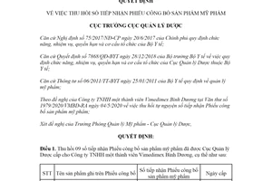 Quyết định 264/QĐ-QLD 2020 thu hồi số tiếp nhận Phiếu công bố sản phẩm mỹ phẩm