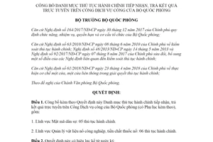 Quyết định 2203/QĐ-BQP 2020 công bố thủ tục hành chính tiếp nhận trực tuyến trên Cổng Dịch vụ công