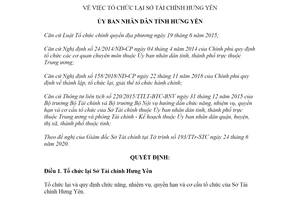 Quyết định 17/2020/QĐ-UBND tổ chức lại quyền hạn cơ cấu tổ chức Sở Tài chính Hưng Yên
