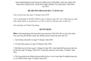 Quyết định 2084/QĐ-BGDĐT 2020 khung kế hoạch thời gian năm học giáo dục mầm non 2020 2021