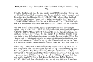 Công văn 2809/LĐTBXH-TCGDNN 2020 góp ý Thông tư ngành đào tạo mã cấp IV trình độ trung cấp