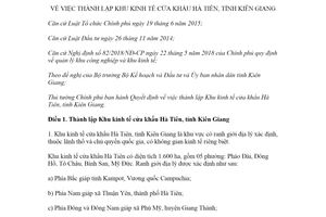 Quyết định 21/2020/QĐ-TTg thành lập Khu kinh tế cửa khẩu Hà Tiên tỉnh Kiên Giang