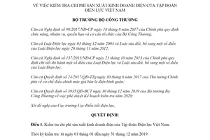Quyết định 2092/QĐ-BCT 2020 kiểm tra chi phí sản xuất kinh doanh điện của Tập đoàn Điện lực Việt Nam