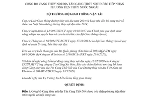 Quyết định 1565/QĐ-BGTVT 2020 công bố Cảng Tân Cảng Thốt Nốt tiếp nhận phương tiện nước ngoài