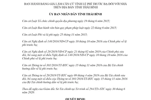 Quyết định 15/2020/QĐ-UBND Bảng giá làm căn cứ tính lệ phí trước bạ đối với nhà tỉnh Thái Bình
