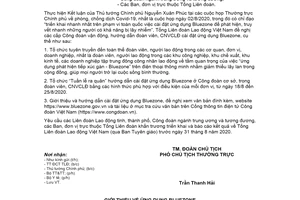 Công văn 850/TLĐ 2020 vận động công nhân viên chức lao động cài đặt ứng dụng Bluezone