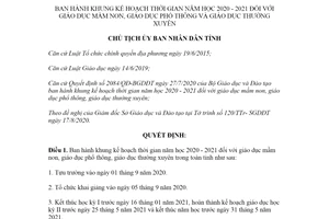 Quyết định 2480/QĐ-UBND 2020 kế hoạch thời gian năm học 2020-2021 giáo dục mầm non Thái Bình