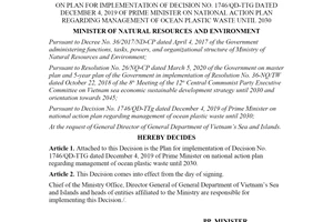 Decision 1855/QD-BTNMT 2020 implementation of 1746/QD-TTG management of ocean plastic waste