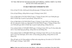 Quyết định 2026/QĐ-UBND 2020 phê duyệt Kế hoạch thu Quỹ Phòng chống thiên tai tỉnh Hưng Yên