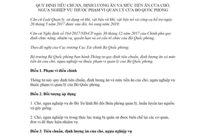 Thông tư 115/2020/TT-BQP tiêu chuẩn định lượng ăn và mức tiền ăn của chó ngựa nghiệp vụ