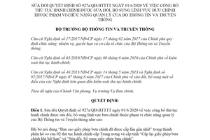 Quyết định 1628/QĐ-BTTTT 2020 sửa đổi Quyết định 927a/QĐ-BTTT thủ tục hành chính bưu chính