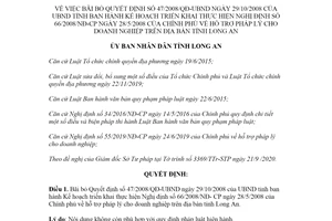 Quyết định 39/2020/QĐ-UBND bãi bỏ Quyết định 47/2008/QĐ-UBND tỉnh Long An