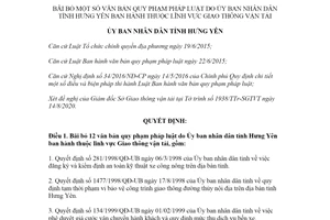 Quyết định 28/2020/QĐ-UBND bãi bỏ văn bản lĩnh vực Giao thông Ủy ban nhân dân tỉnh Hưng Yên