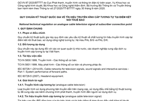 Quy chuẩn kỹ thuật quốc gia QCVN 87:2020/BTTTT về Tín hiệu truyền hình cáp tương tự tại điểm kết nối thuê bao