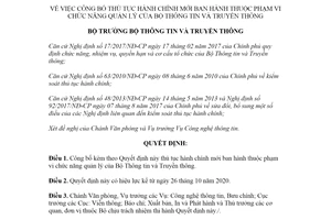 Quyết định 1685/QĐ-BTTTT 2020 công bố thủ tục hành chính quản lý của Bộ Thông tin