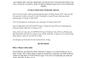 Quyết định 29/2020/QĐ-UBND tiêu chuẩn định mức sử dụng xe ô tô tại các cơ quan Sóc Trăng