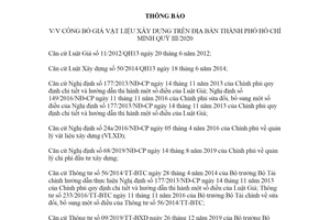 Thông báo 11485/TB-SXD-VLXD 2020 công bố giá vật liệu xây dựng Hồ Chí Minh quý III