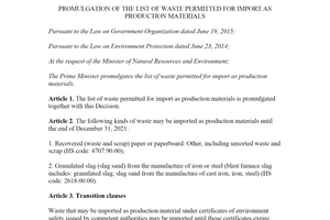 Decision 28/2020/QD-TTg the list of waste permitted for import as production materials