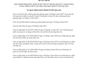 Quyết định 18/2020/QĐ-UBND định mức kinh tế quản lý khai thác công trình thủy lợi Tuyên Quang