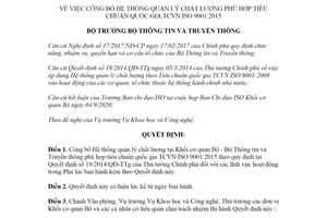 Quyết định 1701/QĐ-BTTTT 2020 Hệ thống quản lý chất lượng phù hợp TCVN ISO 9001:2015