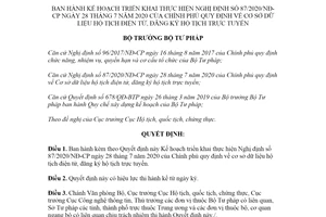 Quyết định 2168/QĐ-BTP 2020 thực hiện Nghị định 87/2020/NĐ-CP Cơ sở dữ liệu hộ tịch điện tử