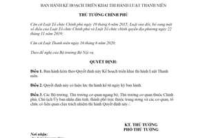 Quyết định 1712/QĐ-TTg 2020 Kế hoạch triển khai thi hành Luật Thanh niên