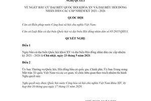 Nghị quyết 133/2020/QH14 Ngày bầu cử đại biểu Quốc hội khóa XV và đại biểu Hội đồng nhân dân các cấp