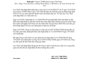 Công văn 12420/TXNK-PL 2020 thời gian áp dụng Hiệp định EVFTA