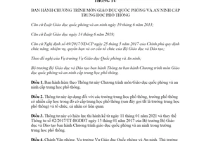 Thông tư 46/2020/TT-BGDĐT Chương trình môn Giáo dục quốc phòng và an ninh cấp trung học phổ thông