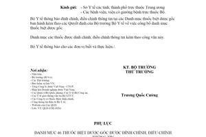 Công văn 7085/BYT-QLD 2020 đính chính điều chỉnh Quyết định công bố danh mục thuốc biệt dược gốc