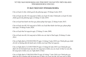 Quyết định 23/2020/QĐ-UBND Bảng giá tính thuế tài nguyên tỉnh Khánh Hòa năm 2021