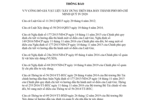 Thông báo 15556/TB-SXD-VLXD 2020 công bố giá vật liệu xây dựng Hồ Chí Minh quý IV/2020