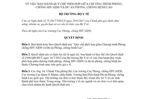 Quyết định 142/QĐ-BYT 2021 Quy chế phối hợp phòng chống HIV AIDS và Dự án phòng chống lao